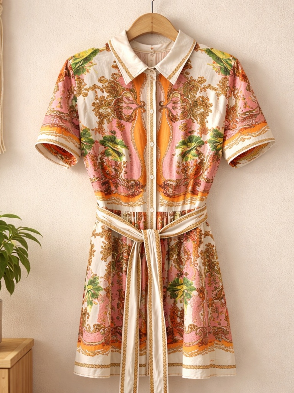 Flying Tomato Pink, Orange & Cream Printed mini Shirt Dress baroque scarf print - Picture 3 of 9